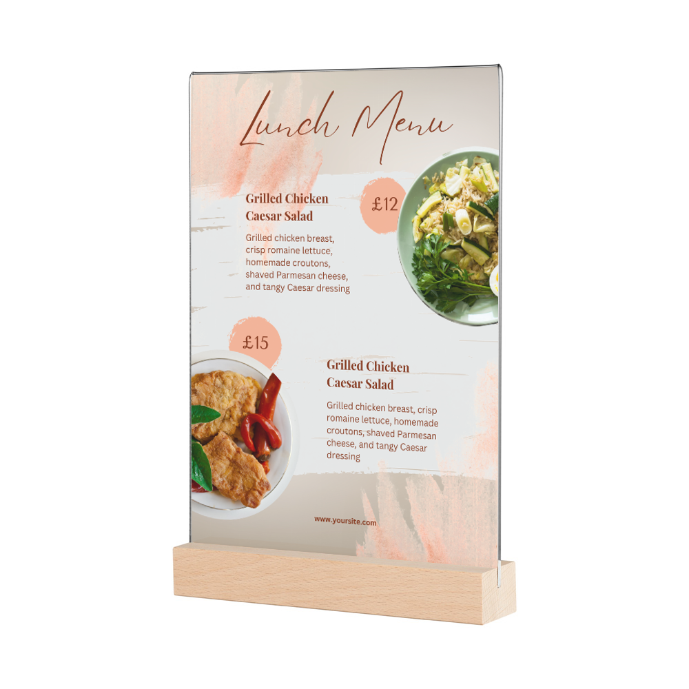 A4 wooden menu card holder with a lunch menu displayed