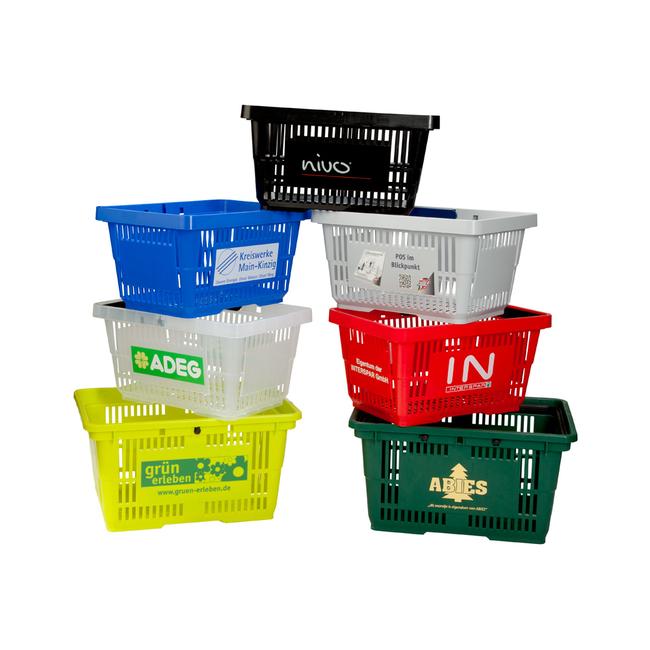 Branded Plastic Shopping Baskets in Various Colours