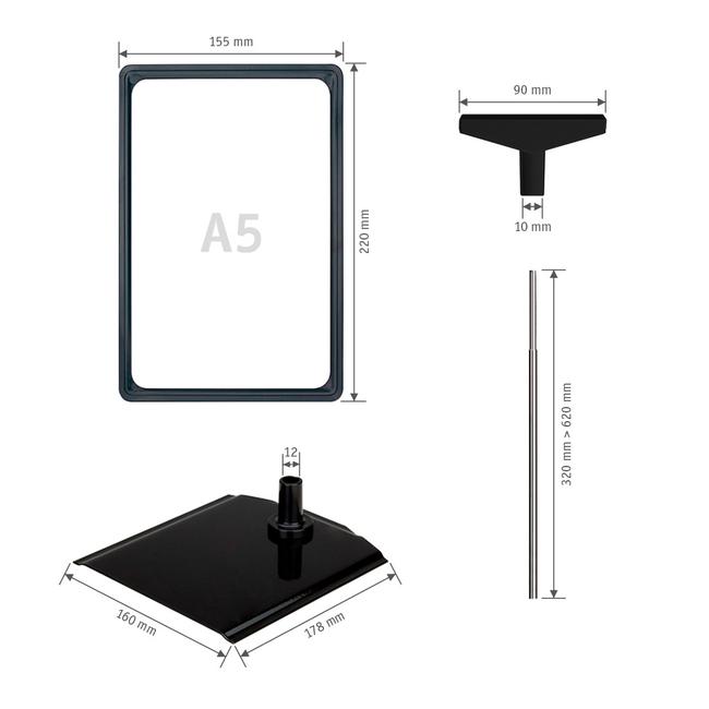 Image showing the four components of a showcard poster stand, the frame, t-piece, adjustable pole and base