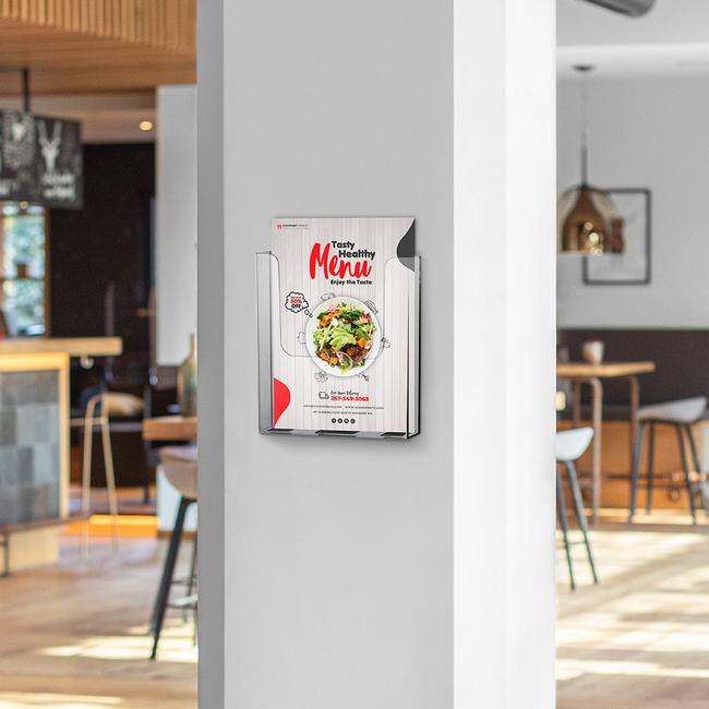 Wall Mounted Leaflet Holder with Leaflet Inserted Secured to Wall